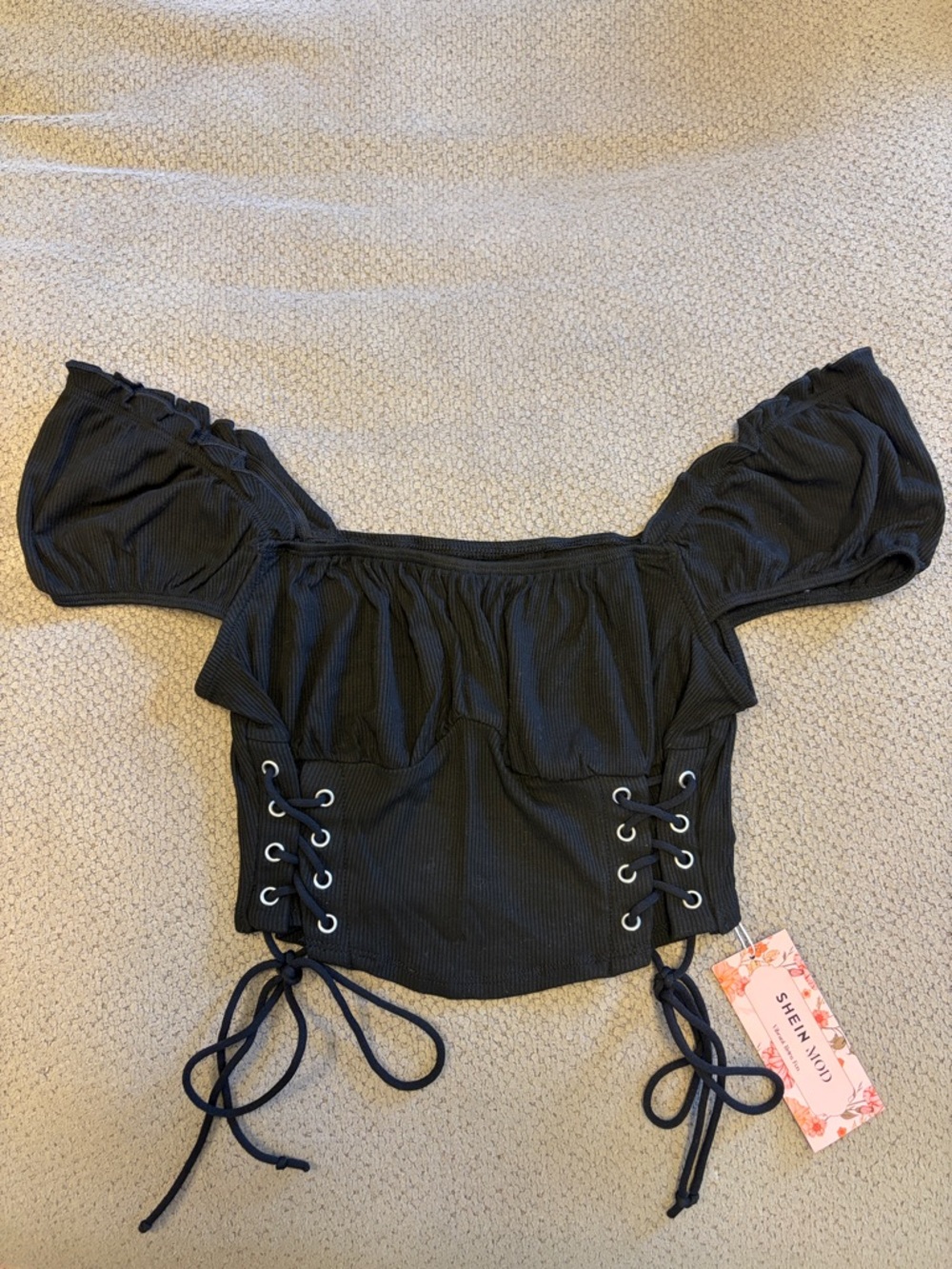 SHEIN Black Off-Shoulder Lace-Up Ribbed Crop Top